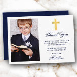 Elegant First Heilige Communauteit Foto Blue Gold Bedankkaart<br><div class="desc">Elegante eerste Heilige Communie Dank u kaart met Gouden Kruis. Foto voorzijde. Marineblauw schrift.</div>