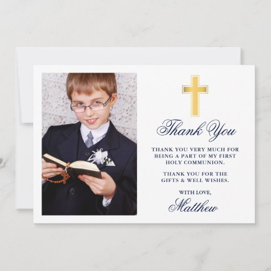 Elegant First Heilige Communauteit Foto Blue Gold Bedankkaart (Voorkant)