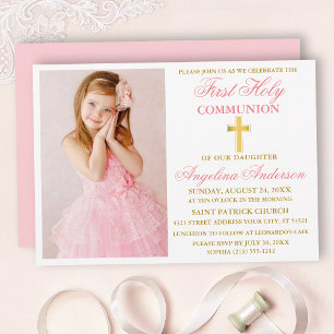 Elegant First Heilige Communauteit Foto Pink Gold Kaart