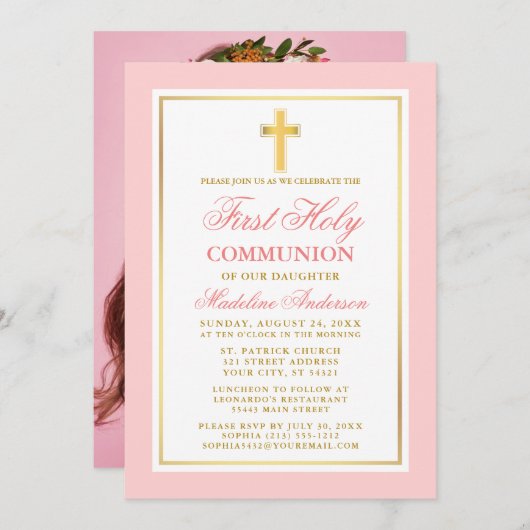 Elegant First Heilige Communauteit Foto Pink Gold Kaart (Voorkant / Achterkant)