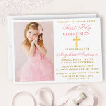 Elegant First Heilige Communauteit Foto Roze en Go Kaart<br><div class="desc">Moderne Elegant Pink Blush en Gold First Heilige Communion Uitnodiging met Cross en Foto.</div>