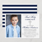 Elegant First Heilige Commune Blue Silver Striped Kaart (Voorkant / Achterkant)
