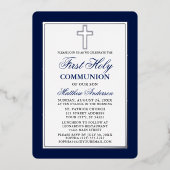 Elegant First Heilige Commune Cross Silver Lijst Folie Uitnodiging (Voorkant)