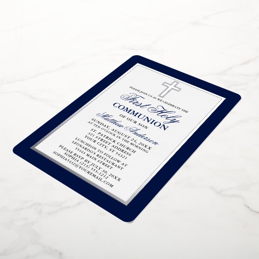 Elegant First Heilige Commune Cross Silver Lijst Folie Uitnodiging (Gedraaid)