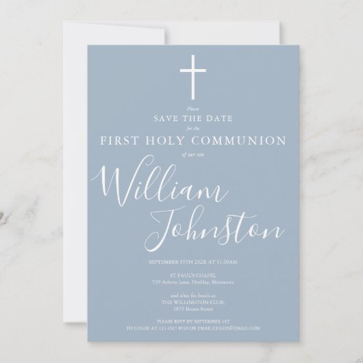 Elegant First Heilige Commune Dusty Blue Save The Date (Voorkant)