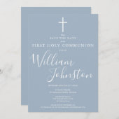 Elegant First Heilige Commune Dusty Blue Save The Date (Voorkant / Achterkant)