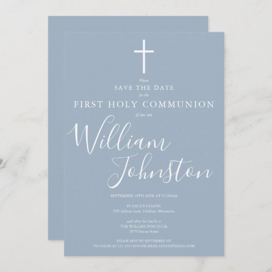 Elegant First Heilige Commune Dusty Blue Save The Date (Voorkant / Achterkant)