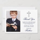 Elegant First Heilige Commune Foto Blauwe Stripes Bedankkaart (Voorkant)