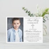 Elegant First Heilige Commune Foto Silver Kaart (Staand voorkant)