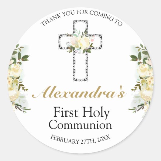Elegant First Heilige Communie Floral Cross Ronde Sticker (Voorkant)