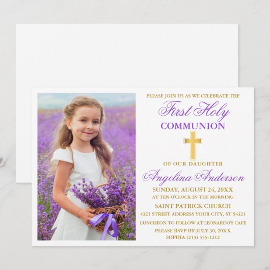 Elegant First Jesus Communet Violet Gold Photo Kaart (Voorkant / Achterkant)