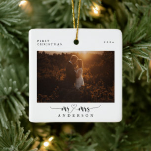 Elegant First Kerstscript Mr en Mrs Photo Keramisch Ornament