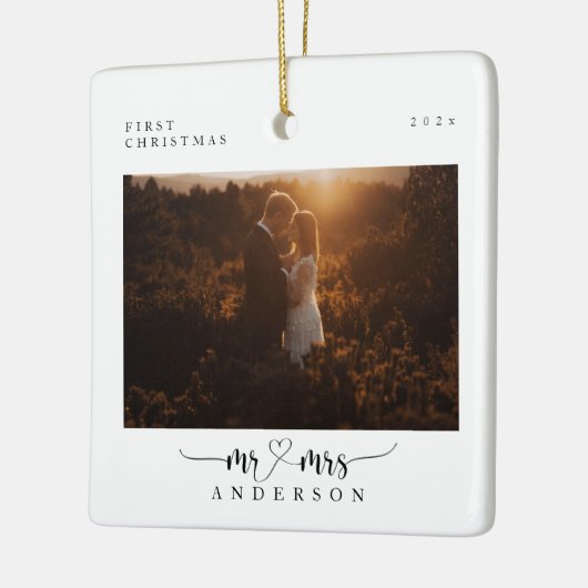 Elegant First Kerstscript Mr en Mrs Photo Keramisch Ornament (Links)