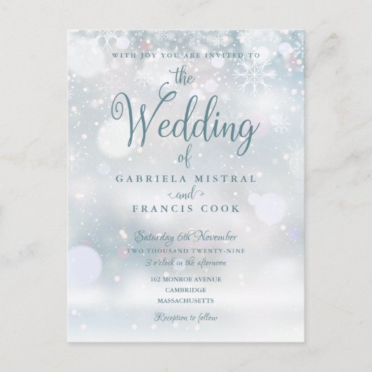 Elegant First Snowflakes Winter Wedding Uitnodiging Briefkaart (Voorkant)