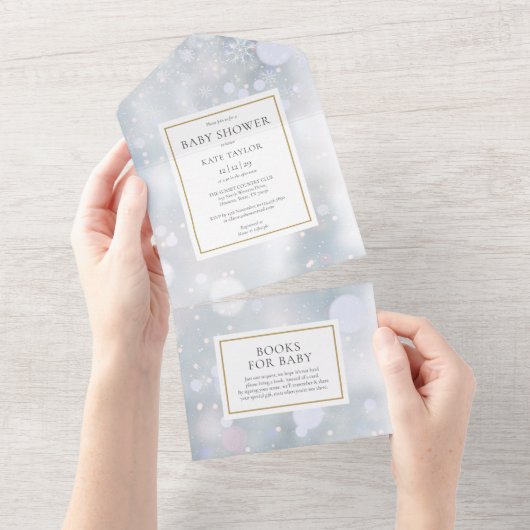Elegant First Winter Snowflakes Baby shower All In One Uitnodiging (Afscheurbaar)