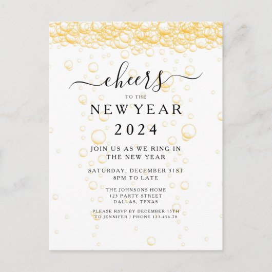 Elegant Fizz Oudejaarsavond feest Uitnodiging Briefkaart (Voorkant)