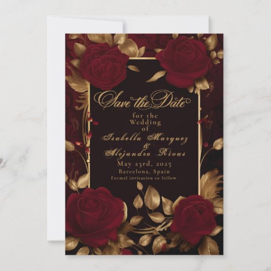 Elegant Flamenco Script Red Rose Save The Date (Voorkant)