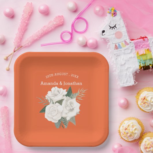 Elegant Flaming Sinaasappel & Witte Rozen Bruiloft Papieren Bordje (Feest)