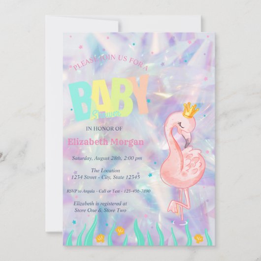 Elegant Flamingo Holografisch Baby shower Kaart (Voorkant)