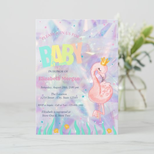 Elegant Flamingo Holografisch Baby shower Kaart (Staand voorkant)