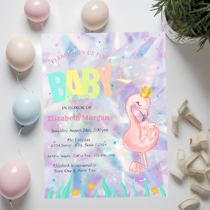 Elegant Flamingo Holografisch Baby shower Kaart