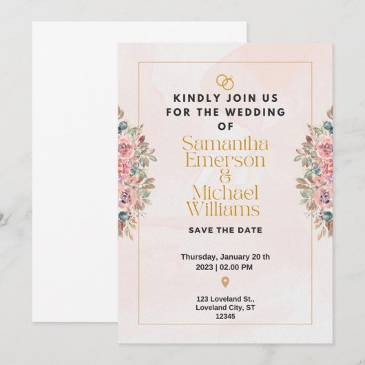 Elegant flat bruiloft kaart (Voorkant / Achterkant)