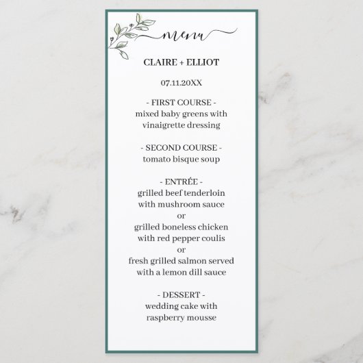 Elegant Flat Modern Botanical Green Weddin Menu (Voorkant)