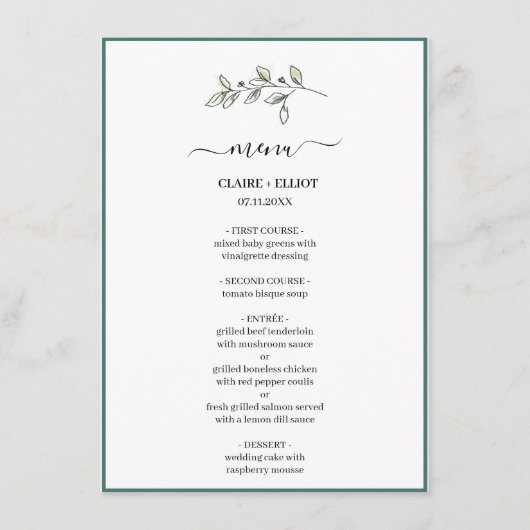 Elegant Flat Modern Botanical Green Weddin Menu (Voorkant)