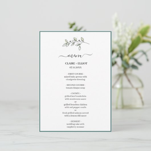 Elegant Flat Modern Botanical Green Weddin Menu (Staand voorkant)