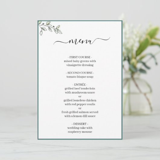 Elegant Flat Modern Botanical Green Wedding Menu (Staand voorkant)