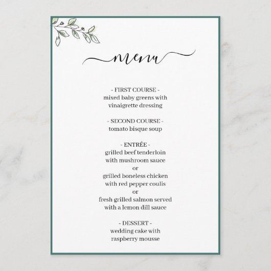 Elegant Flat Modern Botanical Green Wedding Menu (Voorkant)