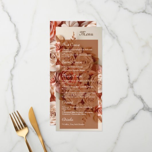 Elegant Flat Wedding Menu met bloemen 3D (Voorkant / Achterkant in situ)