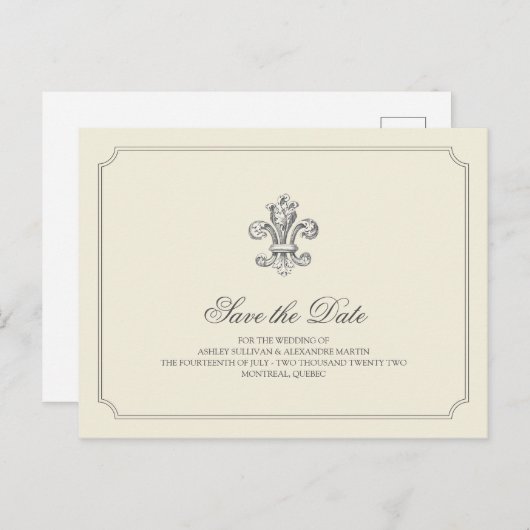Elegant Fleur de Lis Bewaar de Datum Aankondigingskaart (Voorkant / Achterkant)