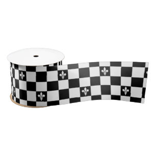 Elegant Fleur de Lis Black and White Checkered Satijnen Lint