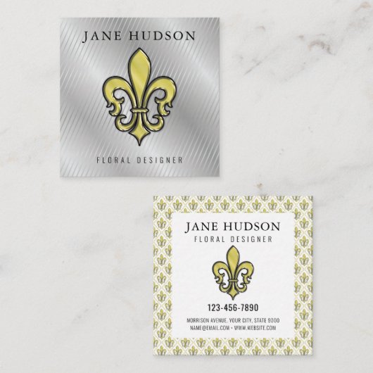 Elegant Fleur de Lis Design Silver Lines Business Vierkante Visitekaartje (Voorkant / Achterkant)