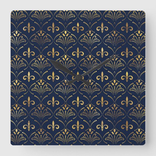 Elegant Fleur-de-lis patroon - Goud en diep blauw Vierkante Klok (Voorkant)