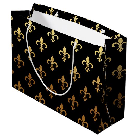 Elegant Fleur De Lis patroon zwarte gouden tas Groot Cadeauzakje (Achterkant Gekanteld)