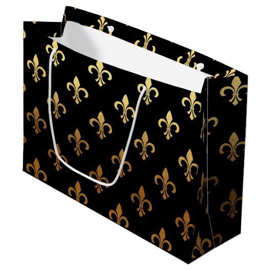 Elegant Fleur De Lis patroon zwarte gouden tas Groot Cadeauzakje (Voorkant Gekanteld)
