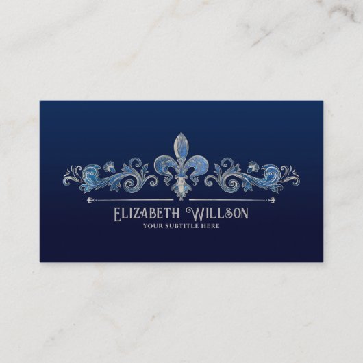 Elegant Fleur-de-lis Pearl en Blauwe marmer Visitekaartje (Voorkant)