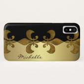 Elegant Fleur-de-lis zwarte gouden monogram Case-Mate iPhone Case (Achterkant (horizontaal))