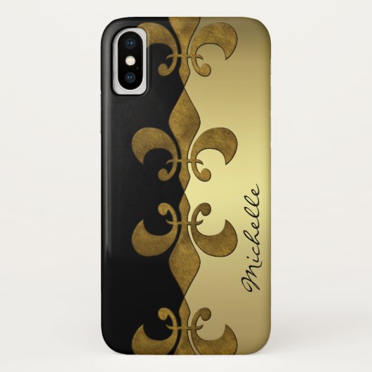 Elegant Fleur-de-lis zwarte gouden monogram Case-Mate iPhone Case (Achterkant)