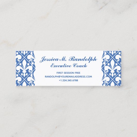 Elegant Fleur de Lys Executive Blue en White Mini Visitekaartje (Voorkant)