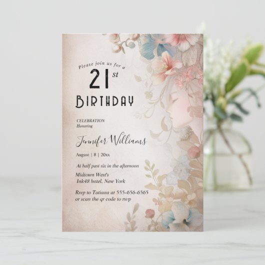 Elegant Floral 21ste verjaardagsfeestje Kaart (Staand voorkant)