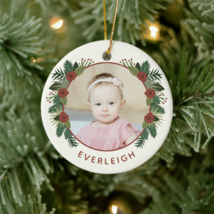 Elegant Floral 2 Foto baby's eerste Kerstmis   Keramisch Ornament