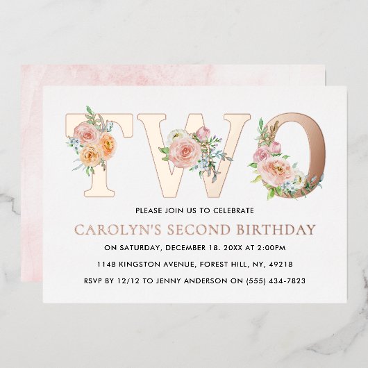 Elegant Floral 2e verjaardag Folie Uitnodiging (Voorkant / Achterkant)