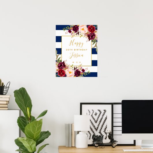Elegant Floral 30th Birthday Banner Poster (Thuiskantoor)