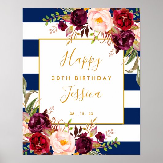 Elegant Floral 30th Birthday Banner Poster (Voorkant)