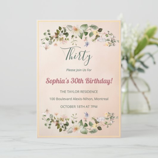 Elegant Floral 30th Birthday Invitation Kaart (Staand voorkant)