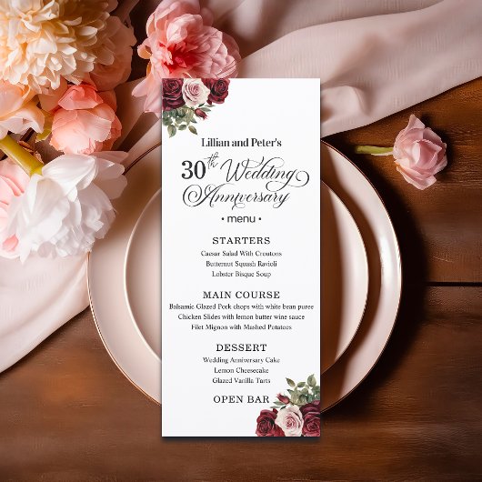 Elegant Floral 30th Wedding Anniversary Menu