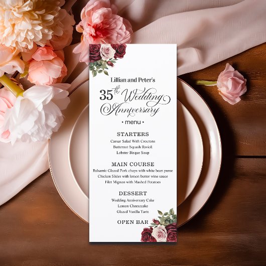 Elegant Floral 35th Wedding Anniversary Menu